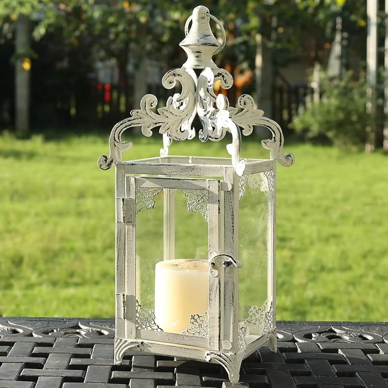 NEEDOMO Farol de Navidad para Interiores, Farol Colgante Blanco de 16 Pulgadas para Exteriores, faroles Decorativos Grandes de Metal Vintage para Patio, Porche Delantero, Mesa, decoración del hogar — Cena a la luz de velas
