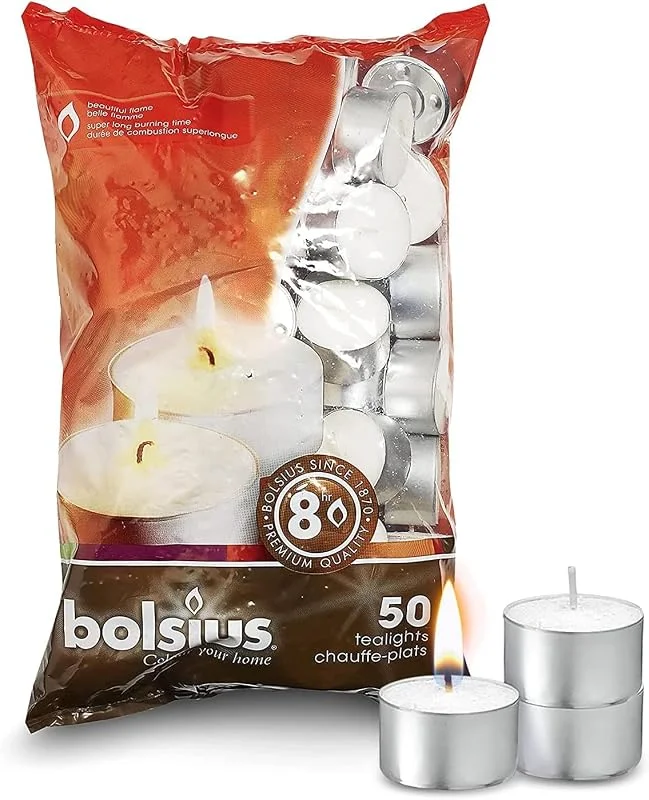 Visita la tienda de Bolsius Bolsius -Velas, Cera parafina, Color blanco, de 8 Horas, 7x18x32 cm, Paquete de 50 — Cena a la luz de velas