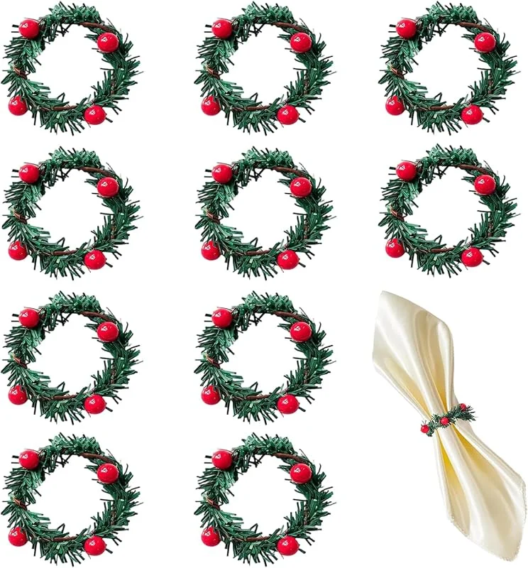 VXOWAH 10 Piezas Servilleteros de Navidad Servilletero Guirnalda de Navidad Anillos de Servilleta con Bayas Rojas Servilleteros Navideños para Decoraciones de Mesa Fiesta Cena Año Nuevo — Adviento y mesa
