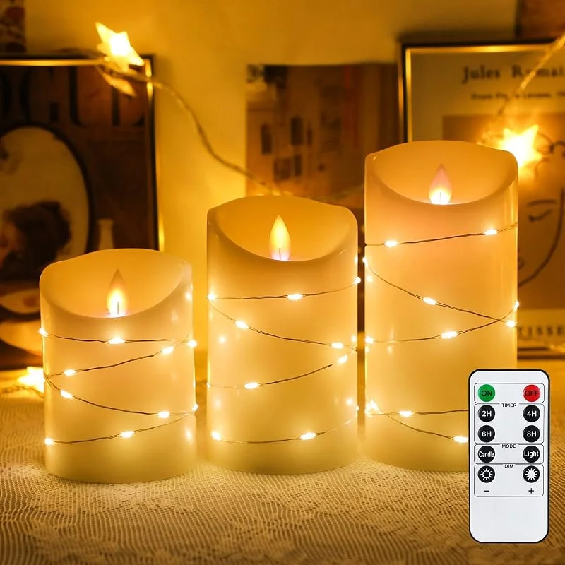 Visita la tienda de YINUO LIGHT Velas LED Velas sin llama, 4 "5" 6 "Juego de 3 velas de cera real con luces de hadas incrustadas Velas LED de llama parpadeante, velas de farol con control remoto y función de temporizador — Luces Navidad