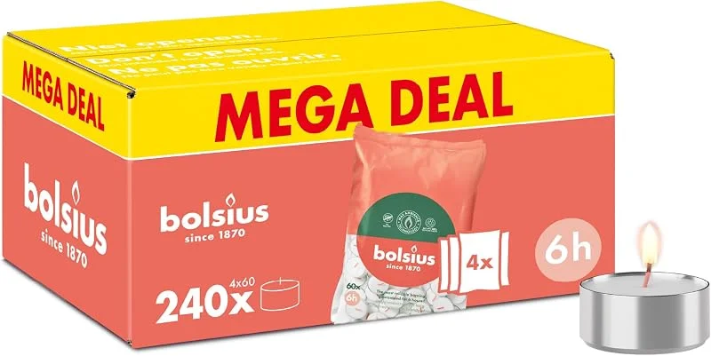 Visita la tienda de Bolsius Bolsius - Paquete grande de velas de té - 240 unidades - 6 horas de combustión - Blanco - Contiene cera vegetal natural - Duración de combustión - Velas decorativas para el hogar - Sin aceite de palma — Cena a la luz de velas
