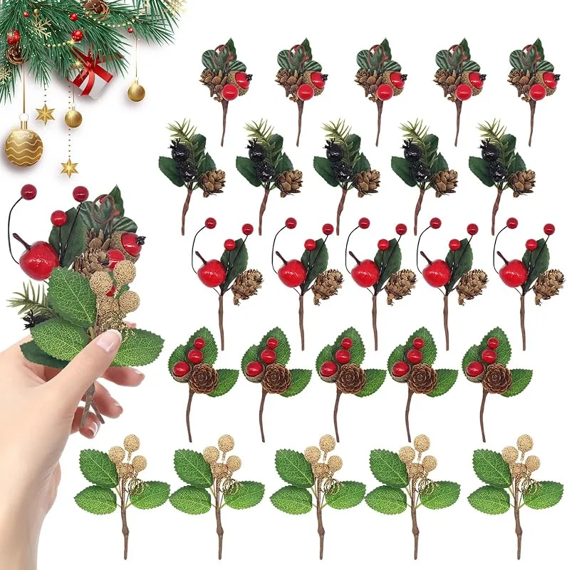 KUIRUNRX Ramas Decorativas, Juego de Ramas de Pino Artificial y Bayas Rojas Artificiales, Bayas Artificiales de Acebo de Navidad, Ramas Decorativas para Coronas y arreglos (20 Piezas) — Decoracion Navidad