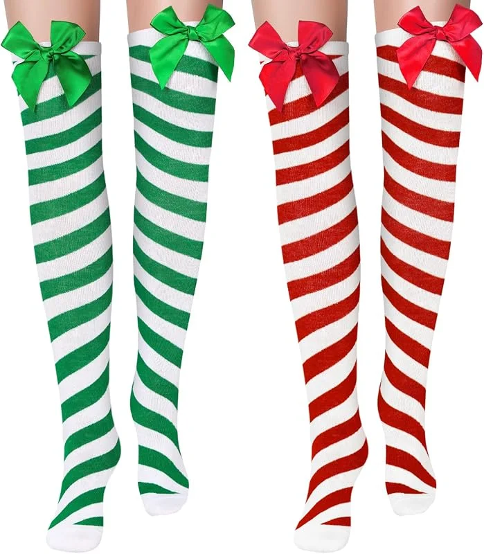BBTO 2 Pares Medias de Fiesta de Navidad sobre Rodilla Largas con Accesorios Navideños — Ropa Navidad
