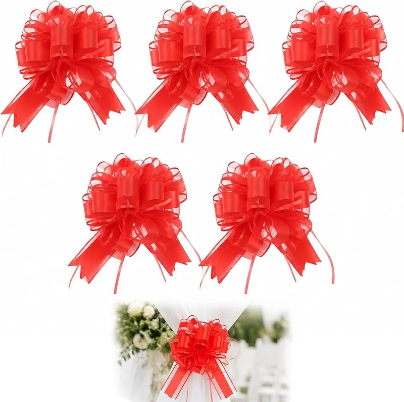 Prloelxe Set de 5 Grandes Lazos Decorativos para Regalo con Cinta – Accesorios Elegantes para Envolver Bodas, cumpleaños, Navidad y más – Diámetro 18 cm – Rojo — Envoltorio regalo