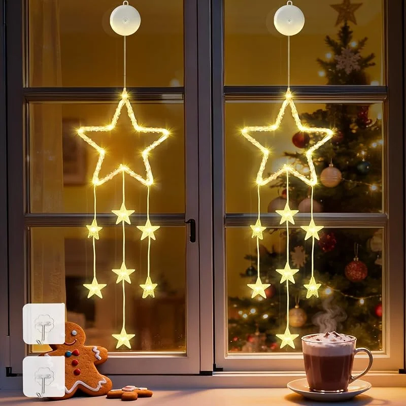 Jsdoin 2 luces LED estrella Navidad ventana guirnalda, blanco Cálido 8 modos temporizador pilas, decoración navideña interior exterior con gancho balcón fiesta boda — Decoracion Navidad