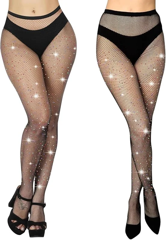 Aomig Medias Rejilla Mujer, Medias de Rejilla con Diamantes de Cintura Alta, Medias Malla Pantimedias Elástico, Medias Mujer Sexy Brillantes para Club Nocturno Fiesta Disco Bar — Ropa Navidad