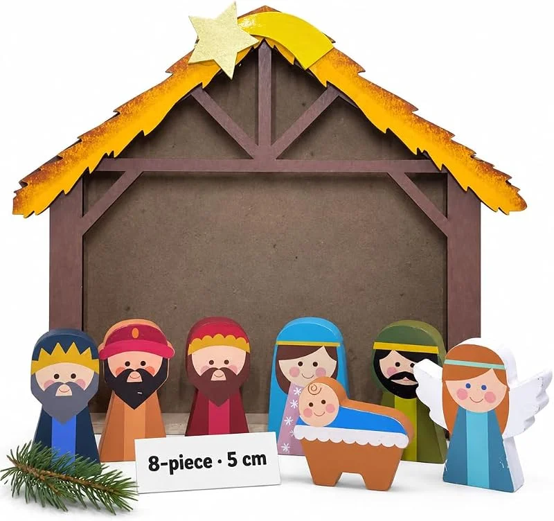 MIJOMA - Hermosas figuras de belén para escena navideña - Figuras de madera pintadas a mano - Perfecta decoración navideña en varios conjuntos y estilos para elegir (8 piezas - 5 cm de alto) — Decoracion Navidad