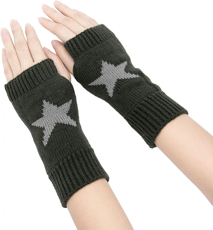YAMEIZE Y2K Fingerless Estrella Impresa de Punto - Guantes para Mujeres Hombres Autumn Star Printed Invierno Caliente Guantes Ropa de Punto Conducción al Aire Libre — Ropa Navidad
