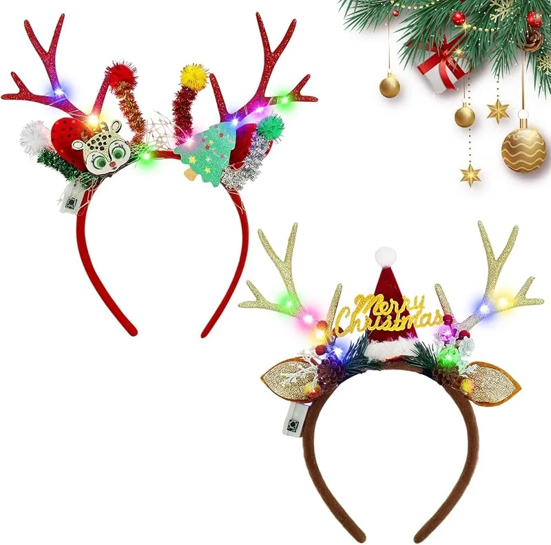 JOKILY 2 diademas de Navidad con cuernos de Navidad, diademas para el pelo, diademas de Navidad iluminadas con LED, diademas de Navidad para Navidad, fiestas — Ropa Navidad