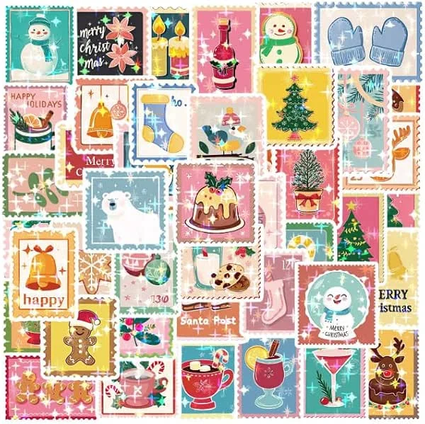 Huniee Lote de 50 pegatinas de Navidad con forma de sello de Merry Christmas para niños, pegatinas lindas de decoración navideña para embalaje de regalo de Navidad, tarjetas de scrapbooking, sobre — Envoltorio regalo