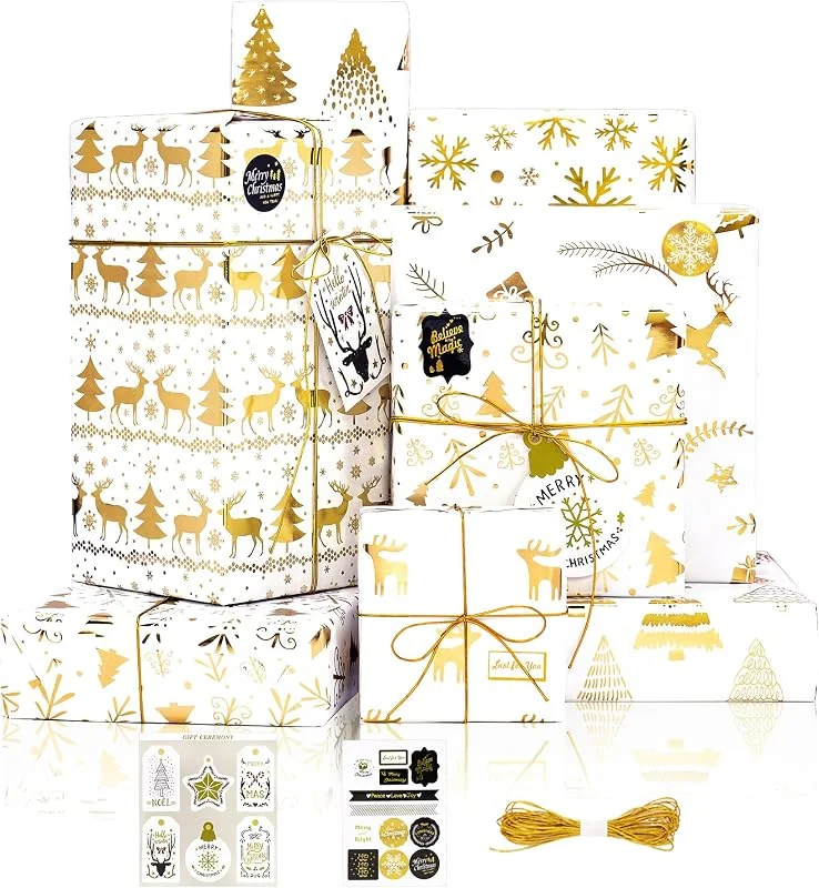 Visita la tienda de Larcenciel Larcenciel Papel Regalo Navidad, 6 Hojas Papel de Regalo Purpurina Metálica con Etiqueta y Pegatina, Elegante Árbol Navidad Copos de Nieve Reno Papel Envolver para Año Nuevo, Fiesta, 70x50cm — Envoltorio regalo