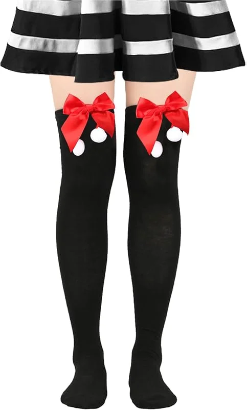 LXONTSG Rodilla Calcetines Navideño, 1 Pares Medias Fiesta Navideño, Calcetines Largos Navideño, Largos Rayado Calcetines, Navidad Largas Medias, Sobre Rodilla Medias, para Niñas y Mujeres (Negro) — Ropa Navidad