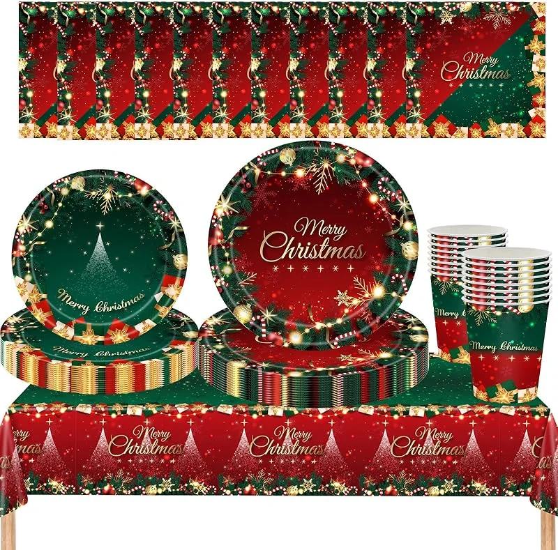 MOMAHUA Juego de Vajilla de Papel de Navidad, 69 Piezas para 16 Invitados, Decoración Festiva Completa de Mesa, Rojo y Verde, con Platos, Tazas, Servilletas y Mantel — Adviento y mesa