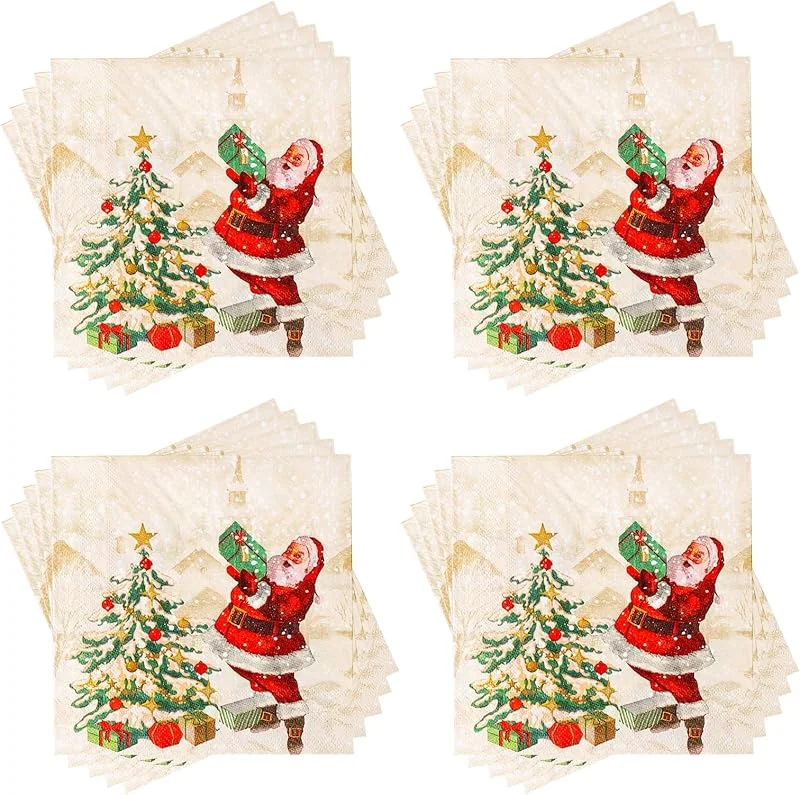 Pwsap 60Piezas Servilletas de Navidad, Santa Claus Árbol de Navidad Servilletas de Cóctel Desechables, Dorado Servilletas Decorativas de Papel para Suministros de Fiesta de Navidad de Té Almuerzo Festivo — Adviento y mesa