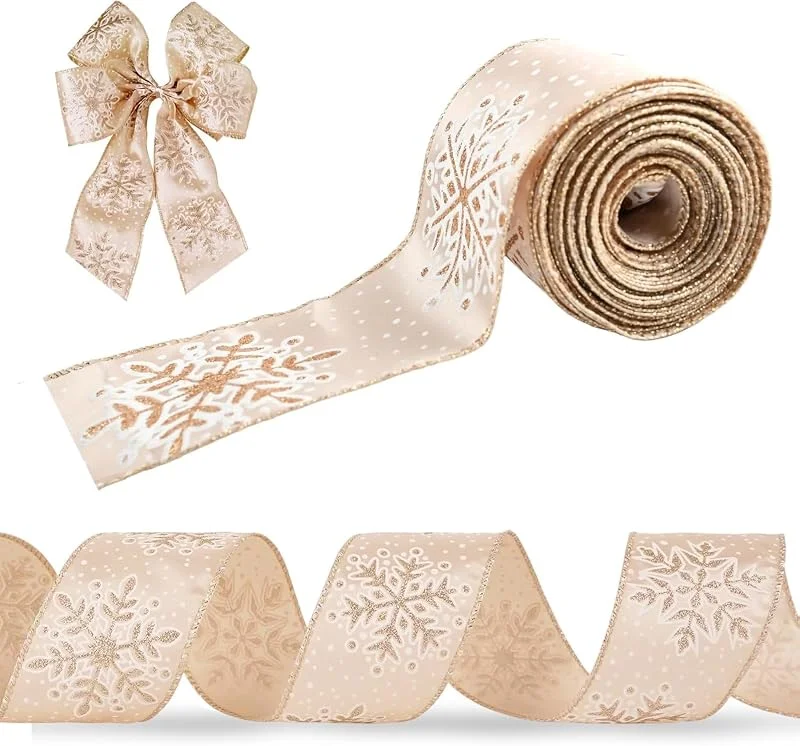 ZOSIGN Cintas Navideñas, Cinta de Regalo Navidad con Alambre, Cinta de Copos de Nieve Champán Dorado, para Decoración de Lazos, Envoltura de Regalos, Árboles de Navidad — Envoltorio regalo