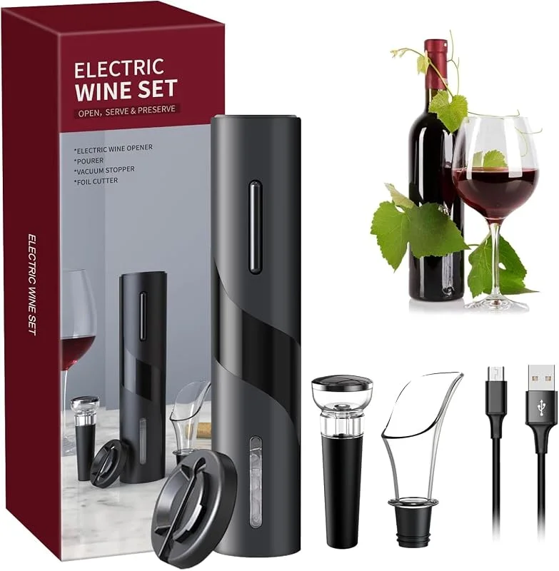 MAGDEN Sacacorchos Eléctrico Recargable, Abrebotellas Automático Inalámbrico, Abridor de Vino con Cortacápsulas, Vertedor, Tapón al Vacío y Cable USB, Regalo para Amantes del Vino, Negro — Vino y mesa festiva