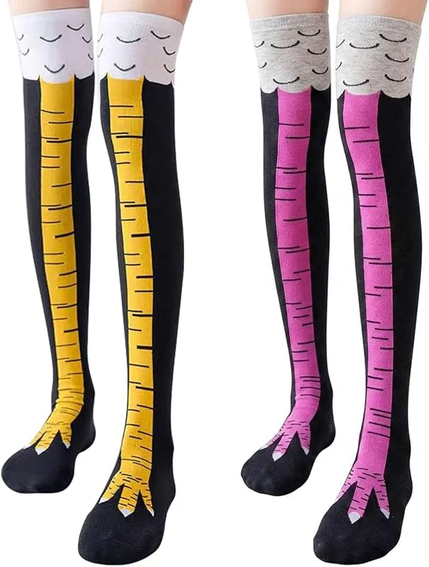 WUNZILO 2 pares Calcetines con pies de pollo, divertidos calcetines hasta la rodilla con patas de pollo de dibujos animados en 3D, medias informales por encima de la rodilla — Ropa Navidad