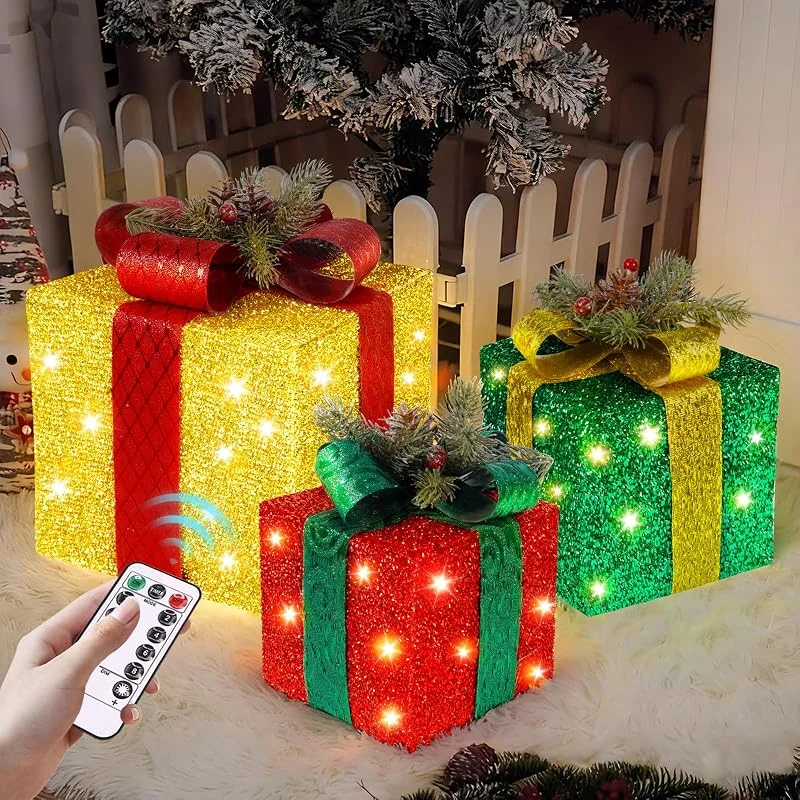 TXVQ Juego de 3 Cajas de Regalo con Luces, 50 LED Cajas Decorativas Navidad Luces 8 Modos con Control Remoto, Decoración de Caja de Regalo con Lazo, para árbol de Navidad, hogar, Decoraciones de Navidad — Envoltorio regalo