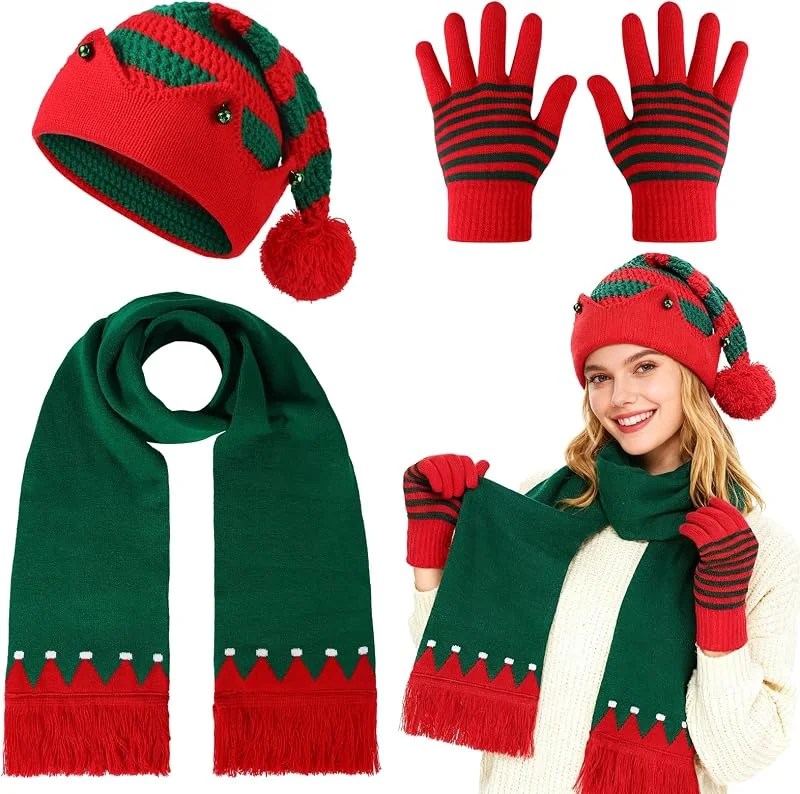 Beipegin Gorro Bufanda de Punto Guantes Invierno, Santa Claus Gorro Elfo Sombrero, Gorros Navideños Bufanda Navideña Navidad Accesorios Fiesta para Hombre Mujer — Ropa Navidad