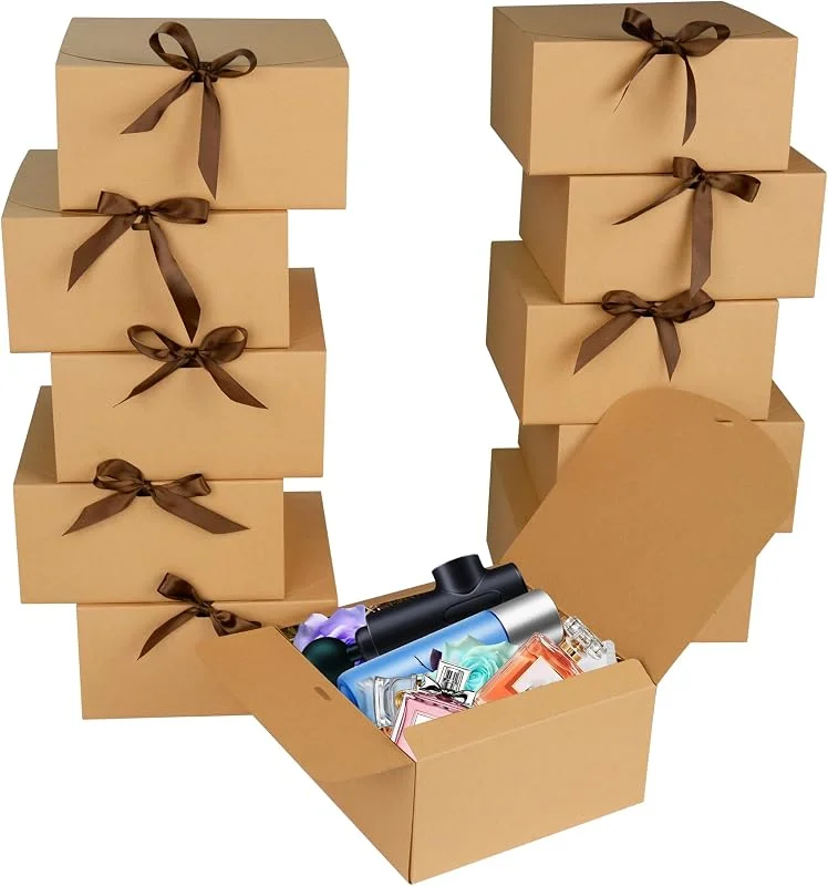 AWCIGG® Cajas de Regalo Marrón (12 Unidades), 20 x 20 x 10cm, Caja de Cartón Kraft con Tapa y Cinta, Cajitas para Regalos, Fiestas, Cumpleaños, Bodas, Navidad y CumpleañOs — Envoltorio regalo