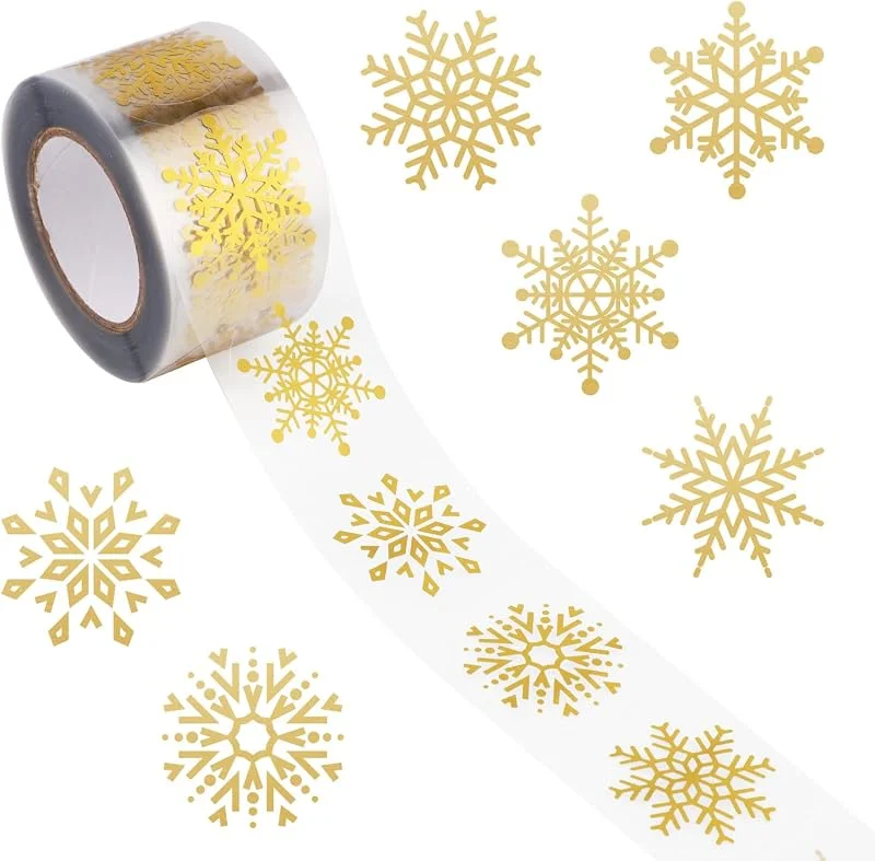 Gosknor 500 Pegatinas Transparentes de Copos de Nieve, Rollo de Pegatinas Navideñas Transparentes Pegatinas de Copos de Nieve de Papel Dorado para Sobres de Navidad Regalos y Decoración — Envoltorio regalo