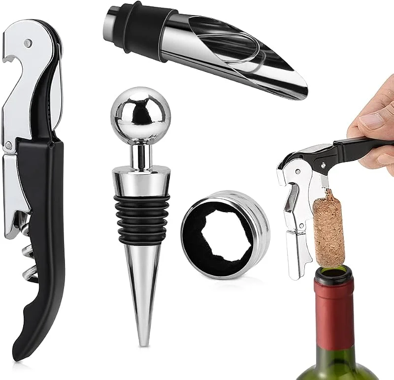 Rhinocerosdance Abridor de Vino Sacacorchos Vino Sacacorchos Profesional Accesorios Vino Estuche Acero Inoxidable Vino Regalo Kit Caja de Regalo 4 en 1 — Vino y mesa festiva