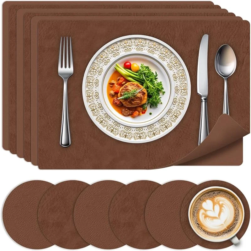 Visita la tienda de BLESWIN Juego de 6 Salvamanteles y Posavasos - Salvamanteles Lavables Resistentes al Calor, Diseño de Cuero de Doble Cara Antideslizante para Cocina, Hogar, Restaurante — Hogar y cocina