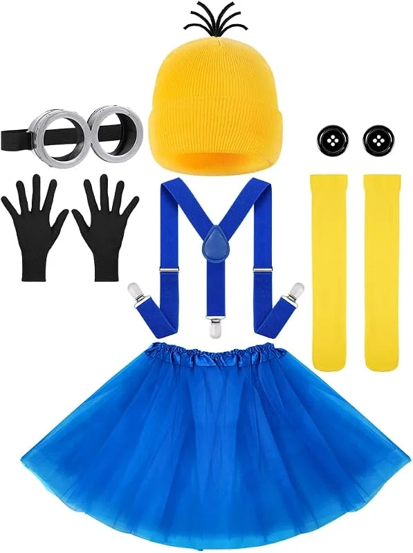 BSBUY Accesorios de Disfraz Amarillo para Cosplay, Accesorios de Disfraces Halloween Adultos Niños, Tutú Azul, Gafas Amarillas, Gorro, Guantes Negros, Clip de Azul, dos Botones, Calcetines Amarillos — Ropa Navidad