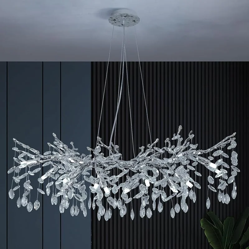 ZenithBeam Plata LáMpara De ArañA Colgante De Cristal, Moderna RectáNgulo Forma De La Rama Aluminio Lampara Comedor Techo, 10 G9 Luces Lampara Colgante Para Cocina Sala De Estar, L100Cm — Cena a la luz de velas