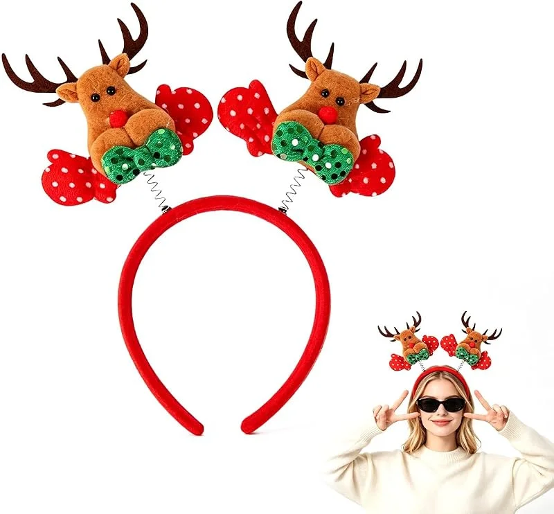 DERJDISF Diadema Reno Navidad 3D con Muñeco Saltarín y Lazo de Lunares — Ropa Navidad