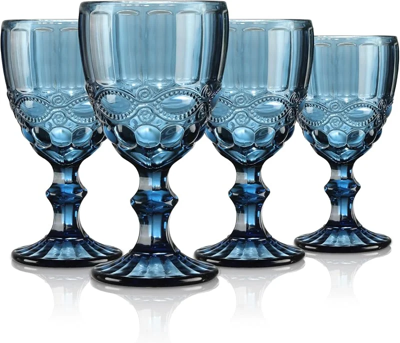 Visita la tienda de Joeyan Joeyan 300ml Vintage Copa de Vino Cristal con Relieve Azul, Juego de 4 — Vino y mesa festiva