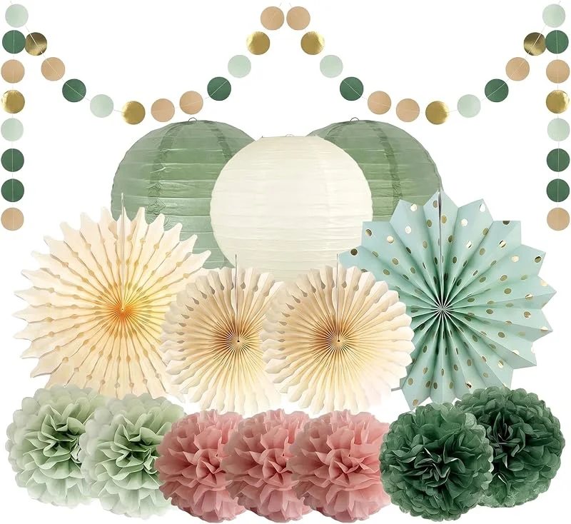 Xvbhaq Decoración de fiesta verde salvia con linternas de papel crema, pompones de papel de seda verde oliva, guirnalda de papel y compartimentos para baby shower, cumpleaños, bodas verdes, despedidas de — Envoltorio regalo