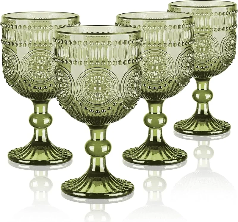 Visita la tienda de Joeyan Joeyan 350ml Retro Copas de Vino Tinto de Verde con Floral Relieve, Set de 4 — Vino y mesa festiva