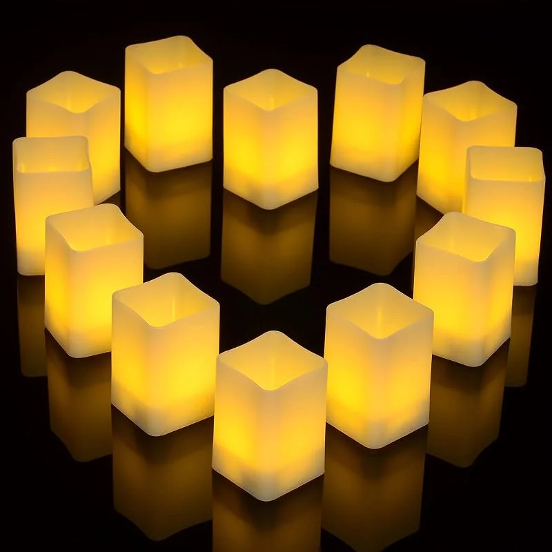 Ymenow Velas decorativas, forma de taza cuadrada LED velas parpadeantes luz de llama, 12 unidades de velas de color blanco cálido con batería para sala de estar, otoño, Acción de Gracias, Navidad — Cena a la luz de velas