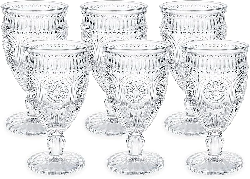 Kingrol Paquete de 6 copas de vino de 10 onzas, vasos de agua vintage de 300 ml, vasos románticos de bebida mixta para fiestas, uso diario — Vino y mesa festiva