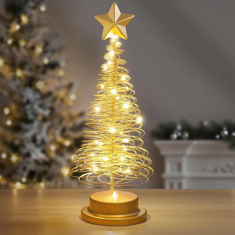 Visita la tienda de Lewondr Lewondr Árbol de Navidad Luz, 33cm Espiral árbol de Navidad Escritorio Luz Decorativa, Batería Alimentada Estrella Lámpara Mesa con Soporte Metal Casa Dormitorio Ornamento, Oro — Adviento y mesa