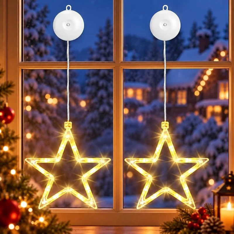 Kimuwote Luces Navidad Ventana, Estrellas LED a Pilas con Ventosas — Decoracion Navidad