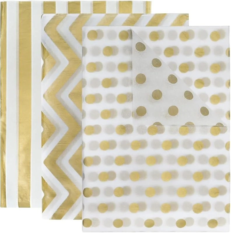 GOIYZTTR 60 Hojas Papel de Seda Dorado Blanco 3 Estilos Papel de Seda Metálico Adecuado para Decoración de Fiestas y Manualidades — Envoltorio regalo