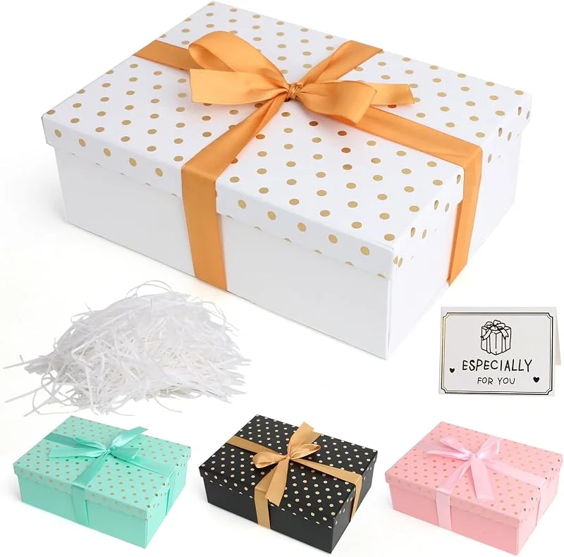 GOTFUN Caja de Regalo con Tapa Bonita, Plegable Caja Regalo Cumpleaños, 25 x18 x 9 CM, Cajas para Regalos con Lazo Tarjeta Rafia para Felicitación para Cumpleaños Navidad Boda Valentín (Blanco) — Envoltorio regalo