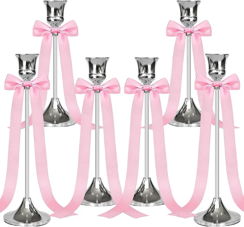 SparkleJoy Candelabros para Velas Juego de 6 Plateados con Lazo Rosa - Portavelas Decorativos Vintage y Modernos de Diferente Altura, para Bodas, Navidad y Centro de Mesa（Plata，6） — Decoracion Navidad