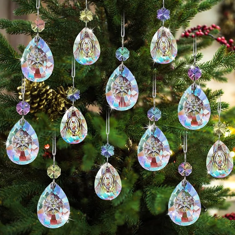 GuassLee Adornos de cristal para árbol de Navidad, 12 piezas de adornos colgantes de cristal de lágrima de color AB para árbol de Navidad, guirnalda de candelabros de Navidad, Año Nuevo, suministros — Decoracion Navidad