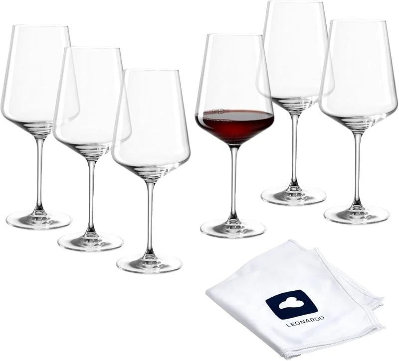 LEONARDO HOME Copas de vino tinto PUCCINI (juego de 6) con paño de pulido • Vasos de vino tinto aptos para lavavajillas (750 ml) • Resistente a los golpes y uso diario • Copas de vino tinto con mango — Vino y mesa festiva