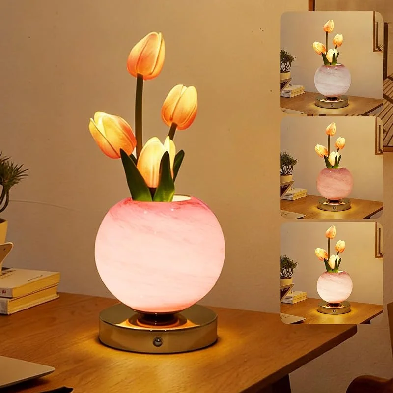 CECOMBINE Lámparas de Flor de Tulipán CECOMBINE, Lámpara de Mesa Tulipán de 3 Colores con Atenuación Infinita, Lámpara de Mesa Inalámbrica Recargable por USB, Luz de Ambiente Floral para Fiestas y Decoración — Cena a la luz de velas