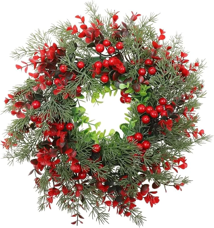 YouXiaor Corona de Navidad para Puerta, Coronas Navidad Corona de Adviento de árbol Navidad Conos de Pino Artificial de Acebo Rojo Corona de Bayas Corona de Navidad Adornos Navideños para Casa — Decoracion Navidad
