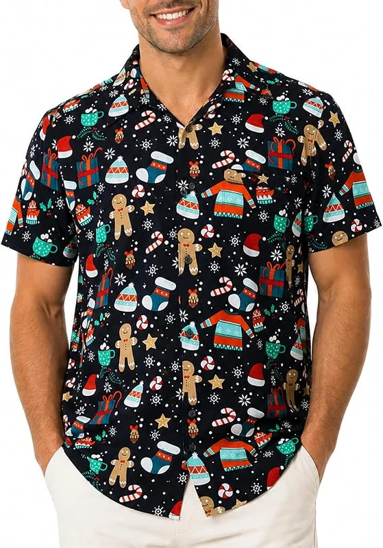 Visita la tienda de King Kameha King Kameha Funky-Camisa-Hawaiana, Navidad, Manga-Corta, Ginger-Bread, Negro, M — Ropa Navidad
