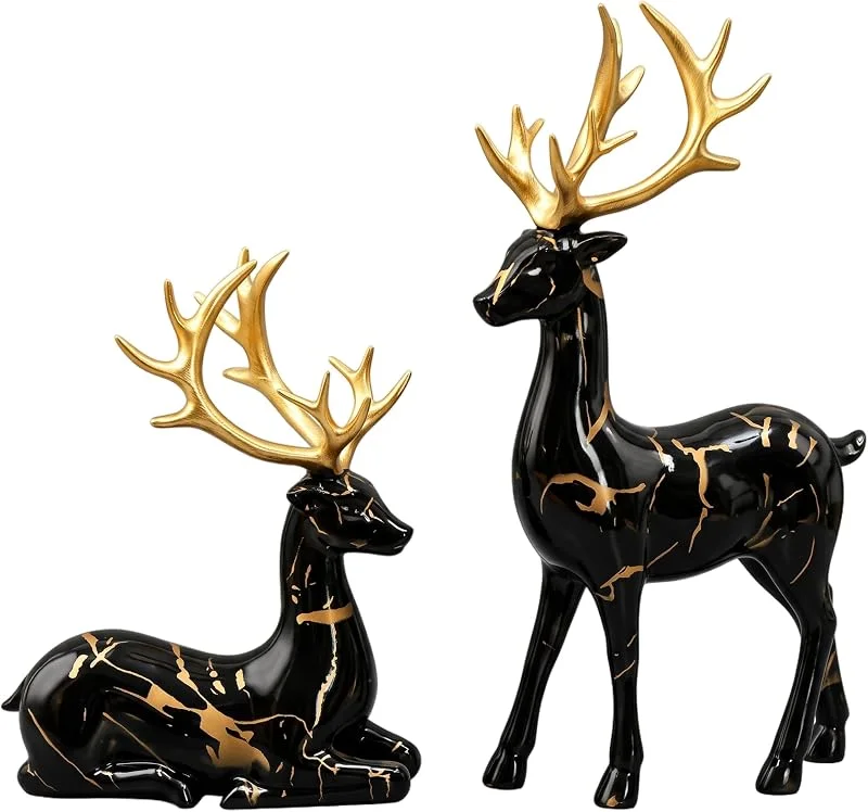 AwnsIMfreien 2 uds Ciervos navideños, decoración navideña de Renos, estatuas de Renos de Resina para decoración de Mesa de Chimenea de Navidad para Interiores, Color Negro — Adviento y mesa
