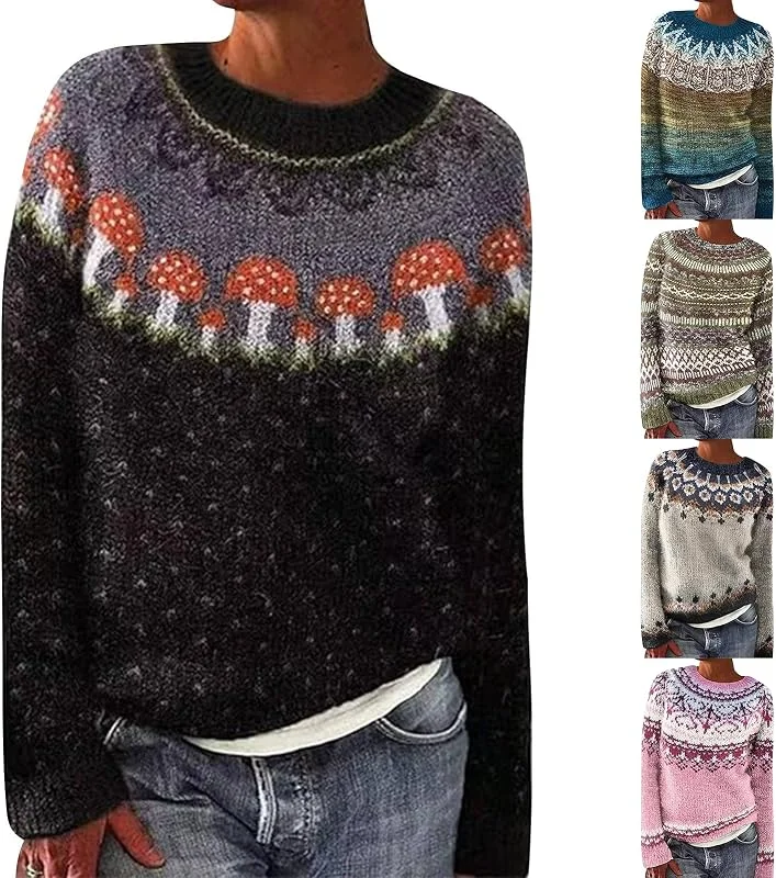 Generic HUIFUAO Fairisle - Suéter de Navidad para mujer, talla grande, suéter de punto de moda noruego, nórdico, islandés, cálido, térmico, vintage, gráfico de manga larga — Ropa Navidad