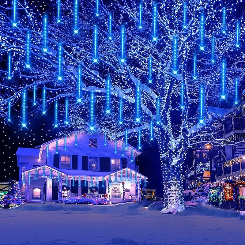 Kwaiffeo Decoración Navideña al Aire Libre, 20 Tubos (Equivalente a 2 juegos de 10 tubos) Luces de Hadas de Lluvia de Meteoritos, Luces de Hadas Impermeables para Patio de Arboles de Halloween de Navidad, Azul — Luces Navidad