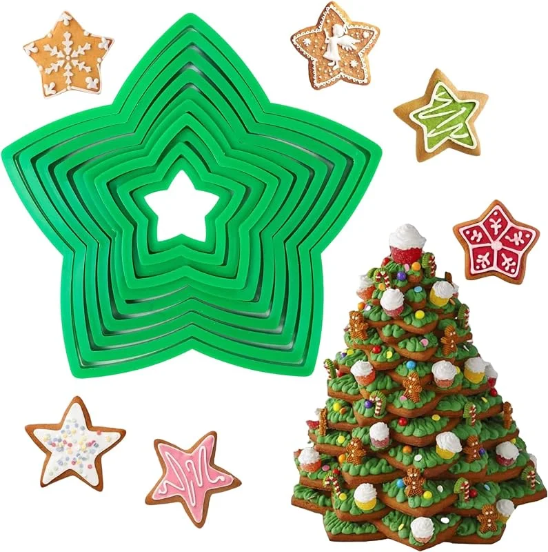 RIBSUQA 10 Piezas Moldes Galletas, Juego de cortadores de galletas 3D para árbol de Navidad, 10 cortadores de cookie de estrella de varios tamaños, formas de estrella de plástico para Pastel, Cookie, Fondant — Hogar y cocina