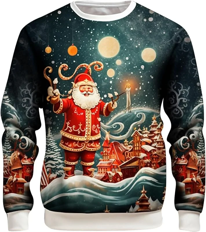 Generisch Moda Hombre Ocio Impresión Digital 3D Navidad Jersey Digital sin Manga Larga Cuello Redondo Sudadera Diseño Festivo Jersey de Punto Cómodo Suéter Diario — Ropa Navidad